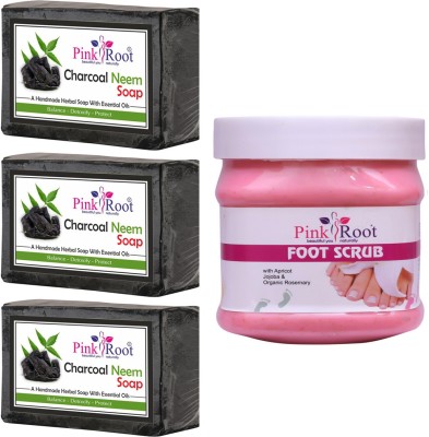 PINKROOT Charcoal Soap Pack of 3 with Foot Scrub 500gm(4 Items in the set)