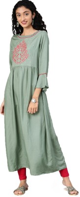 Kimisha Women Embroidered A-line Kurta(Green)