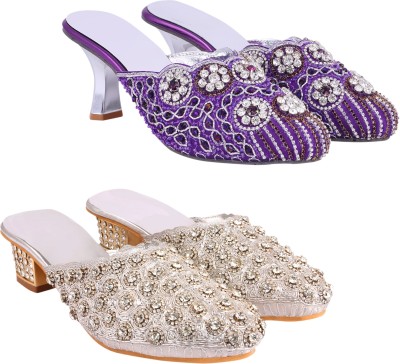 Zionk Women Heels(Silver, Purple , 6)