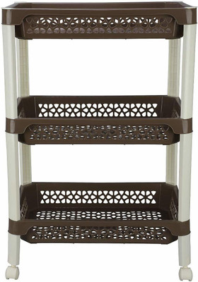 AK HUB Utensil Kitchen Rack Plastic Medium Size Heavy Duty Plastic With Lock (3 Layer - Rectangular) Kitchen Trolley ( Brown )