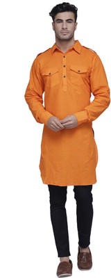 Enchanted Drapes Men Solid Pathani Kurta(Orange)