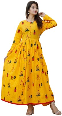 K2Creations Women Printed Flared Kurta(Yellow)