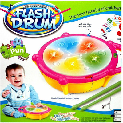 GoodsNet Kids Multicoloured Flash Drum Set With Music and Lights Electronic Touch Flash Visual 3d Lights (Yellow)(Yellow)