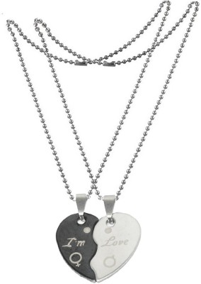 Shiv Jagdamba Valentine Gift His And Her Broken Heart I Am Love Couple Locket With 2 Chain Black Silver Stainless Steel Pendant Set