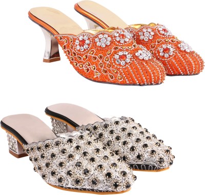 Zionk Women Heels(Silver, Orange , 11)