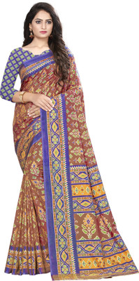 Ratnavati Floral Print Bollywood Silk Blend, Dupion Silk Saree(Brown)