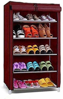 Yutiriti 5 Layer Shoe Rack with Cover Space Saver Storage Organised Metal Shoe Stand(Maroon, 5 Shelves)