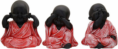 GW Creations Set of 3 Baby Buddha Monk Statue Decorative Showpiece  -  12 cm(Polyresin, Red, Black)