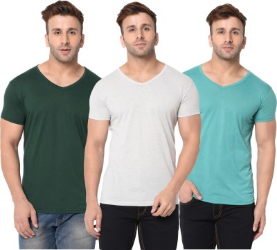 Behemoth Solid Men V Neck Dark Green, Grey, Light Green T-Shirt