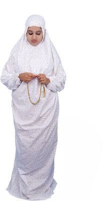 barakath Cotton Blend Printed Abaya With Hijab(White)