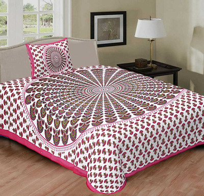 Navkar Creation 130 TC Cotton Single Jaipuri Prints Flat Bedsheet(Pack of 3, Pink)