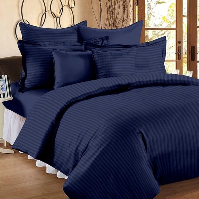Shubastik 210 TC Cotton, Satin King Striped Flat Bedsheet(Pack of 1, Navy Blue)