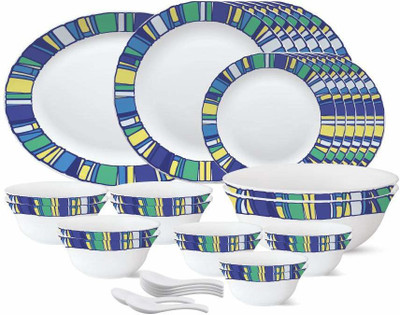 Larah by Borosil Pack of 33 Opalware TIARA SAPPHIRE 33 pcs Opal Glass dinner set with high uses surface area Dinner Set(Multicolor, Microwave Safe)