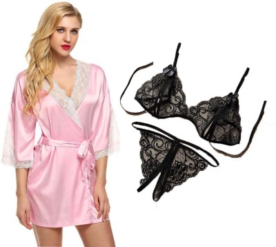 Lovie's Women Robe and Lingerie Set(Pink, Black)