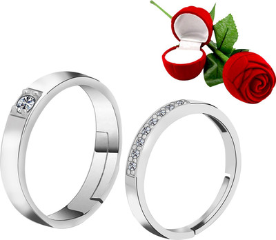 ShreejiHuf Silver Plated Adjustable Couple Rings Set for lovers Ring Alloy Silver Plated Ring Set