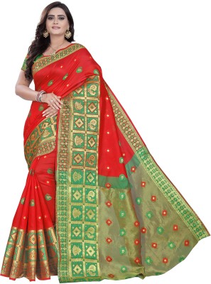 ecolors fab Printed Banarasi Silk Blend, Cotton Blend Saree(Red)