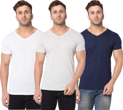 Unite Wear Solid Men V Neck Dark Blue, White, Grey T-Shirt