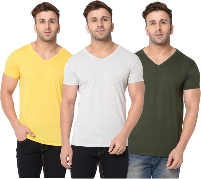 Unite Wear Solid Men V Neck Dark Green, Grey, Yellow T-Shirt