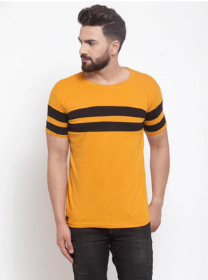 ATTITUDE START OF FASHION Striped Men Round Neck Yellow T-Shirt