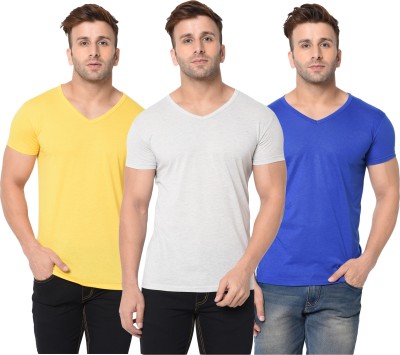 Unite Wear Solid Men V Neck Blue, Grey, Yellow T-Shirt