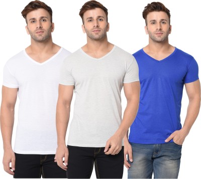 Jangoboy Solid Men V Neck White, Blue, Grey T-Shirt