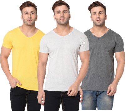 Unite Wear Solid Men V Neck Grey, Yellow T-Shirt