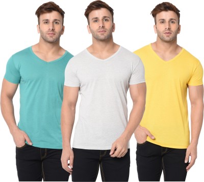 Adorbs Solid, Self Design Men V Neck Light Blue, Yellow, Grey T-Shirt