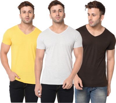 Unite Wear Solid Men V Neck Brown, Grey, Yellow T-Shirt