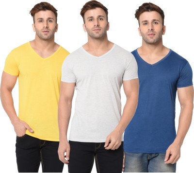 Unite Wear Solid Men V Neck Dark Blue, Grey, Yellow T-Shirt