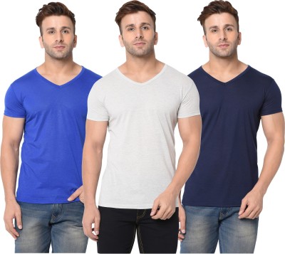 Adorbs Solid Men V Neck Dark Blue, Blue, Grey T-Shirt