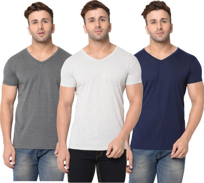 Adorbs Solid, Self Design Men V Neck Dark Blue, Grey T-Shirt