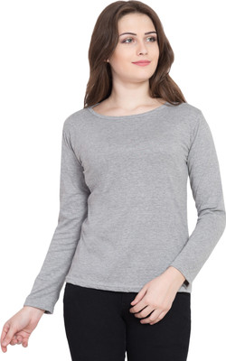 Kissero Solid Women Boat Neck Grey T-Shirt