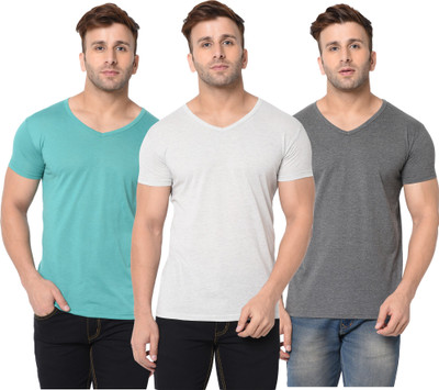 Jangoboy Solid Men V Neck White, Blue, Grey T-Shirt