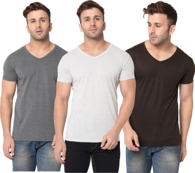 Jangoboy Self Design, Solid Men V Neck Brown, Grey T-Shirt