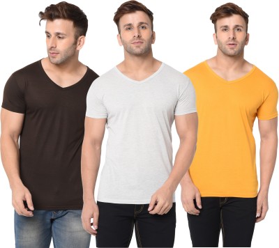 Jangoboy Solid Men V Neck Brown, Grey, Yellow T-Shirt