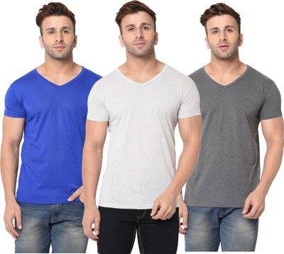Adorbs Solid Men V Neck Blue, Grey T-Shirt