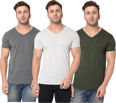 Jangoboy Self Design, Solid Men V Neck Dark Green, White, Grey T-Shirt