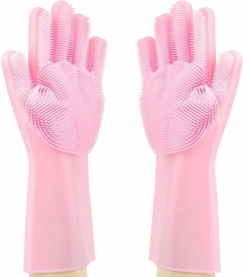 ZURU BUNCH Silicone Latex-Free Scrub Cleaning Pink Gloves with Scrubber for Dish-washing and Pet Grooming Wet and Dry Glove(Free Size)