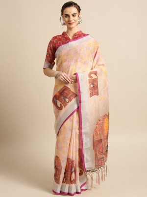 Ratnavati Digital Print, Floral Print Bollywood Cotton Linen Saree(Multicolor)