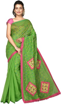 crochetin Embroidered, Woven Handloom Cotton Silk Saree(Green)