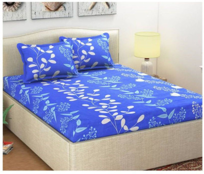 Panipat Textile Hub 140 TC Microfiber Double 3D Printed Fitted & Flat Bedsheet(Pack of 1, Blue)