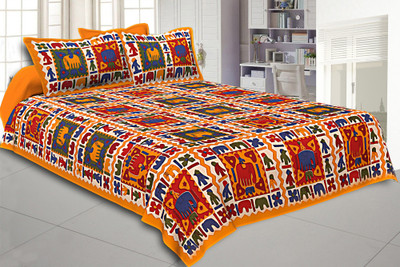 Anaya 154 TC Cotton Double Jaipuri Prints Flat Bedsheet(Pack of 1, Orange)