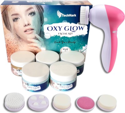 TechHark Professional Oxy Glow Facial Kit With Face Massager Sp. Combo, Suitable For all Age, Unisex For Fairness, Best In-stat Glow Facial Kit Ever in INDIA (Set OF 5)(5 Items in the set)