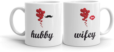THE SD STORE Hubby and Wifey Multicolour Printed Coffee &Tea Cup Set of 2 Ceramic Coffee Mug(320 ml, Pack of 2)