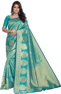 Jesti Designer Woven Kanjivaram Silk Blend, Jacquard Saree(Light Green)