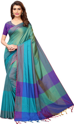VJ FASHION Solid/Plain Bollywood Cotton Silk Saree(Blue)