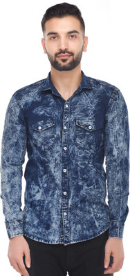 Fashion 4 Ever Men Washed Casual Dark Blue Shirt