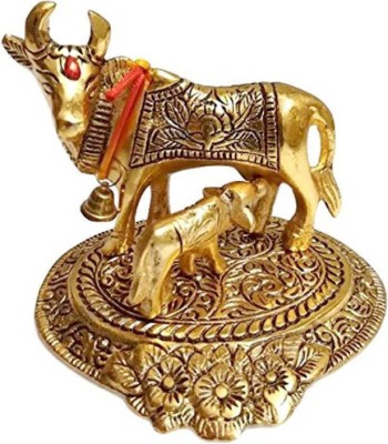 OM CRAFTS Kamdhenu Cow & Calf Holy Wishing Fulfilling Gomata Decorative Showpiece  -  9 cm(Aluminium, Gold, Black)