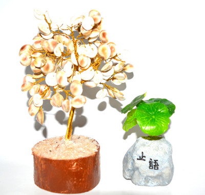 ONRR Collections Feng-Shui 1 money plant & Gomti-Chakra Kaudi Tree with quarz chips base for goodluck and wealth Decorative Showpiece  -  15 cm(Stone, Wood, Brown, White)