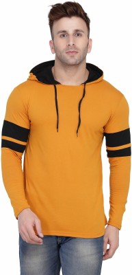 Lawful Casual Solid Men Hooded Neck Gold T-Shirt